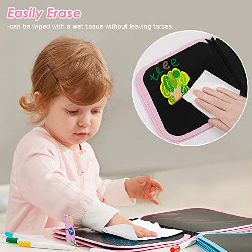 Tablette Dessin Enfant 2-3-4-5 Ans Effaçable, Réutilisable Double Face Livre Dessin Enfant pour Enfants, 12 Stylos Effaçables Colorés 14 Pages