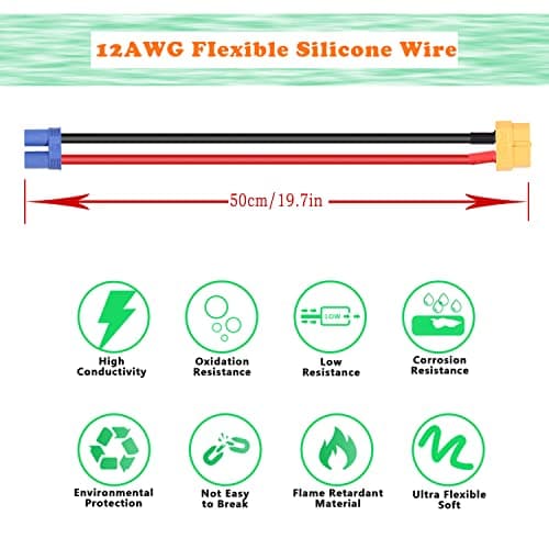 MEIRIYFA Câble d'extension EC5 femelle vers XT60 femelle, connecteur XT60 femelle vers connecteur EC5 femelle avec cordon en silicone 12 AWG – 0,5 m