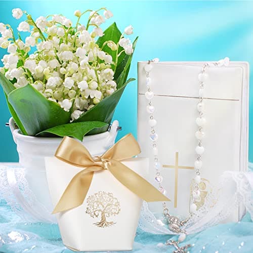 25Pcs Boîtes Cadeaux Baptême Communion Anniversaire Sachet Bonbons Mariage Bonbonnière Faveur avec 25Pcs Rubans Ballotin Chocolat Dragées Confirmation Design Arbre de Vie