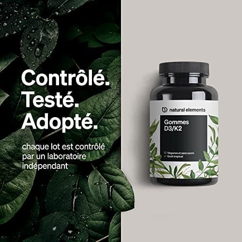 Gommes aux vitamines D3 et K2 – 1 000 U.I. de Vitamine D3 par dose journalière – 120 Gummies – goût tropical – végane et sans sucre – produit et contrôlé en laboratoire en Allemagne