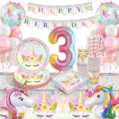 YEJIKJ 3 Ans Anniversaire Licorne Decoration Fille, Vaisselle Kit Assiettes Gobelets Licorne Ballon, Decoration Anniversaire Licorne 3 Ans Kit pour Party Fête Anniversaire Fête Décorations (16 Invités