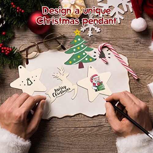 30 pcs Suspension Bois de Noël, Pendentifs en Bois Bricolage avec Ficelle pour Décorations Arbre de Noel(Sapin de Noël, étoiles et rennes)