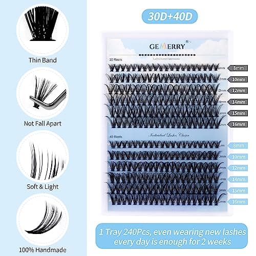 Kit Extension Cils Maison Faux Cils Individuel 240PCS, Bouquet D Curl 8-16mm avec Bond and Seal Applicateur Pince Crème Dissolvant de Colle DIY Gemerry Cils(30+40D-D)
