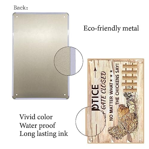 CREATCABIN Poulet Tin Sign Vintage Metal Signs Peinture Retro Farmhouse Plaque Poster Wall Art Plaque for Garden Porch Bathroom Kitchen Cafe Wall Christmas Decor 30 x 21 cm-Keep The Gate Closed