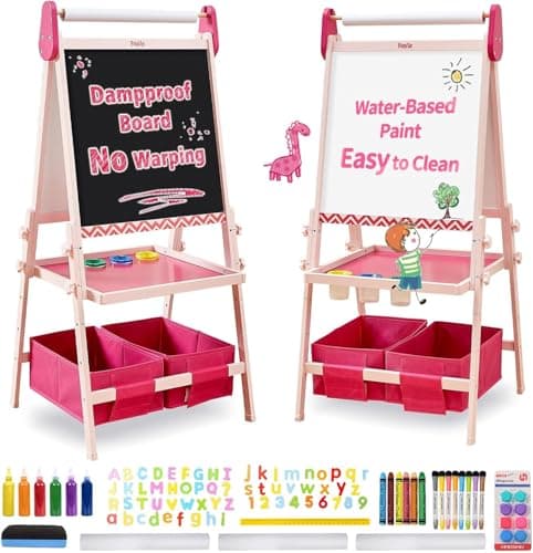 FUNLIO Chevalet d'art pour enfants âgés de 3 à 8 ans, tableau anti-déformation & cadre effaçable, tableau enfant avec magnétique/tableau blanc, 3 hauteurs réglables, avec rouleau de papier rose