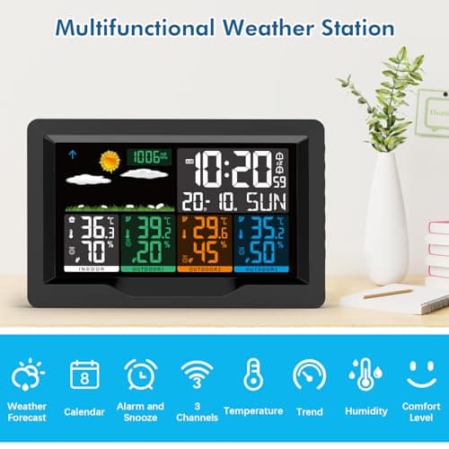 Qxmcov Station Météo sans Fil avec 3 Capteurs, Thermomètre Hygromètre Numériques Intérieure/Extérieure, Ecran LCD Couleur, avec Calendrier l'horloge Réveil Snooze Prévisions Température Humidité