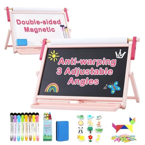 FUNLIO Chevalet de Table Magnétique Anti-Déformation pour Enfants 3 Ans+ (100+ Pièces), Double Face en Bois avec 3 Angles Réglables, Tableau Blanc, Tableau Noir & Rouleau de Papier, Pliable - Rose