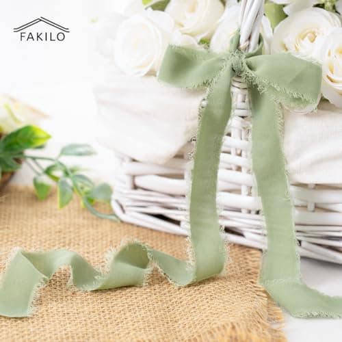 FAKILO Ruban en mousseline de soie à franges fait à la main 4 rouleaux de ruban vert clair de 2,5 cm x 5 m de ruban rose blush, 20 m de ruban en mousseline