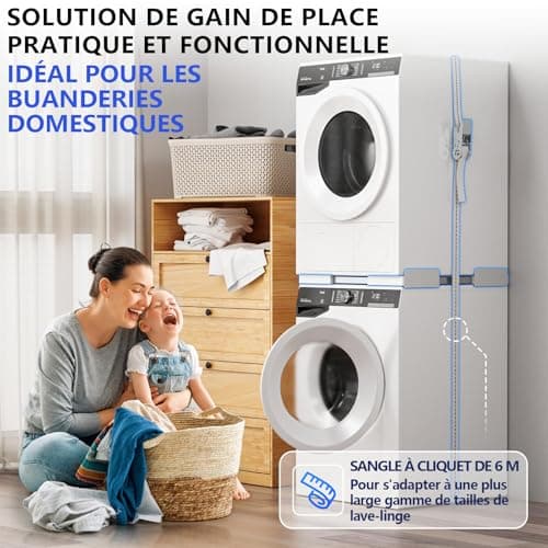JHCHU Kit de superposition universel pour lave-linge et sèche-linge - Cadre réglable 45 à 68 cm - Idéal pour connexion de machine à laver et sèche-linge (blanc)