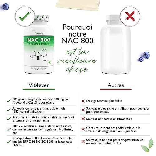 NAC - N-Acétyl L-Cystéine 180 capsules de 800 mg chacune - 6 mois d'approvisionnement - Végétalien - Haute dose - Qualité Premium