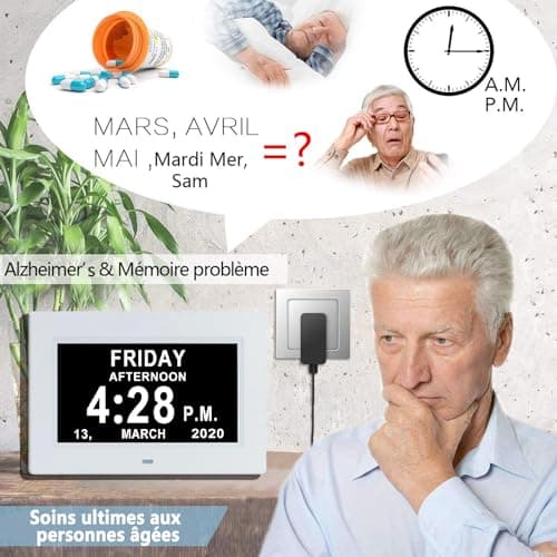 Alovez 7 Pouces LCD Horloge Numérique Calendrier avec Date Jour Et Heure Horloge Non-Abrégée Auto Dimming 8 Langues HD Display Rappel pour Alzheimer Les Personnes âgées et Les Enfants (Blanc)