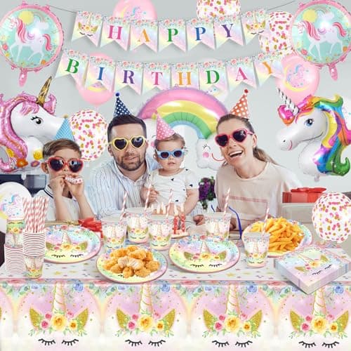 YEJIKJ Arc-en-ciel Ballon Licorne Decoration Fille, Vaisselle fête Kit Assiettes Gobelets Licorne Ballon, Decoration Anniversaire Licorne Kit pour Party Fête Anniversaire Fête Décorations (16 Invités
