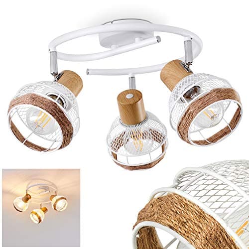 Plafonnier Bariloche en bois, raffia & métal blanc, 3 spots de plafond pivotants créant un effet lumineux au plafond par les abat-jours grillagés, pour 3 ampoules E27, ampoule(s) non incluse(s)