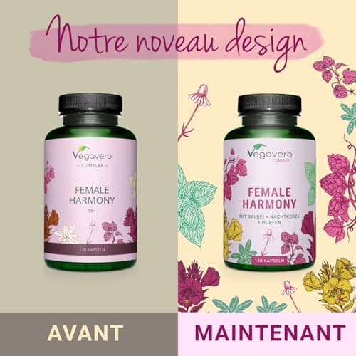 Vegavero Complexe MÉNOPAUSE | 100% Naturel & SANS HORMONES | Sauge, Onagre, Houblon, Camomille et Igname | 120 Gélules Vegan | Bouffées de Chaleur + Fatigue + Équilibre Hormonal & Emotionnel