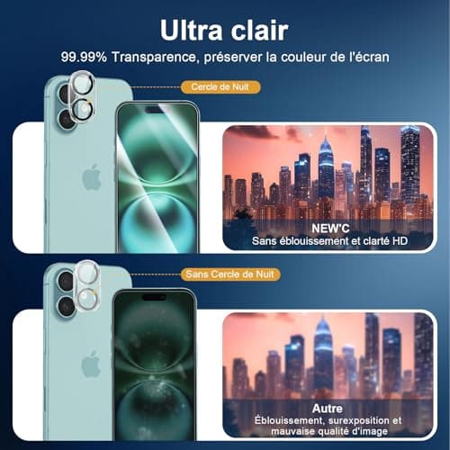 NEW'C Kit de 4, 2 x Verre Trempé pour iPhone 16 (6,1 Pouces) et 2 x Protection Caméra Arrière - Anti Rayures - sans Bulles d'air -Ultra Résistant - Dureté 9H Glass