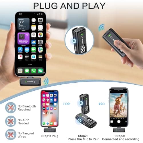 LVVIACE Micro Cravate pour iPhone iPad avec étui de Chargement de 40 Heures pour l'émetteur et l'affichage Numérique, Micro Cravate sans Filde 82 Pieds avec Annulation de Bruit (Lightning)