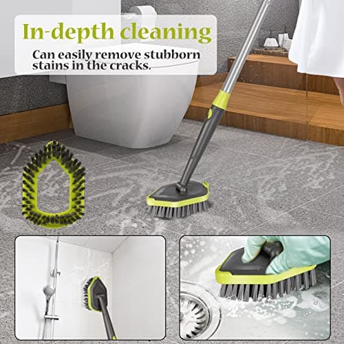 Masthome Brosse de Nettoyage 2 en 1 pour Baignoire et Carrelage avec Manche Long, Brosse à Récurer Amovible à Poils Rigides et 2 tête éponge pour Salle de Bain, Baignoire, Sol