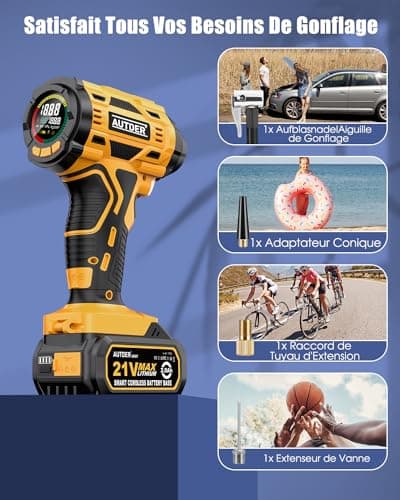 AUTDER Compresseur à Air Portatif, Gonfleur Pneus Voiture, Max 180 PSI/12.4 Bar, Compresseur Voiture sans Fil avec Batterie 21V et 12V DC, pour Voitures, Vélos, Motos, Ballons, Jaune
