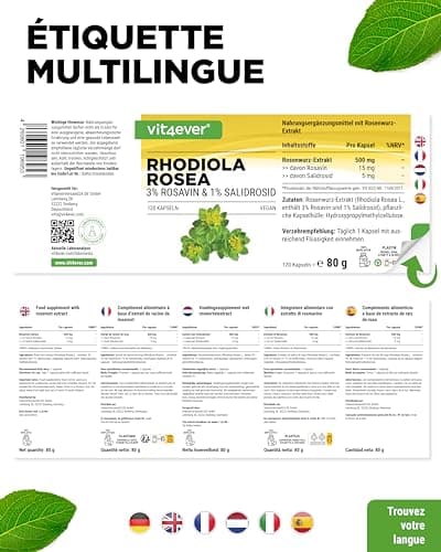 Rhodiola Rosea -120 gélules de 500 mg - Véritable Extrait -Matière première de qualité supérieure: 3% de rosavine & 1% de salidroside -100% d'extrait de racine de rose musquée - Hautement dosé - Vegan