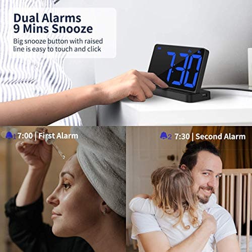 NOKLEAD Numérique Réveil - Horloge Digitale de Chevet avec 5 Sons, variateur Complet, Volume d'alarme réglable, Horloge numérique avec d'adaptateur USB, Grand Chiffre LED de 6,5 po, Snooze et 12/24hr