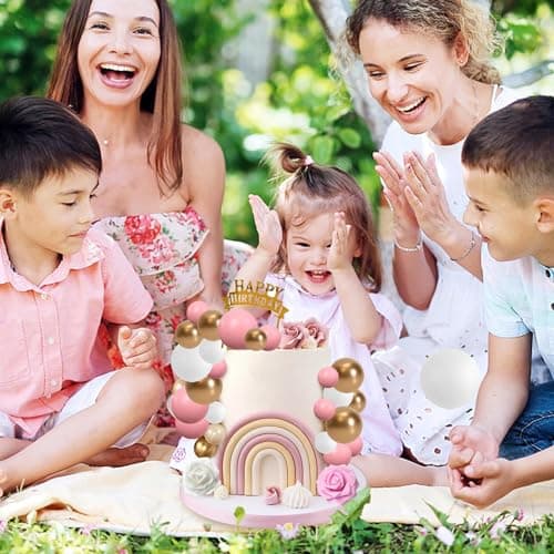 Lot de 48 boules de décoration de gâteau, Happy Birthday décoration de gâteau pour Anniversaires, Boules en mousse rose blanc et doré pour Fête d'anniversaire pour Shower de bébé Mariage