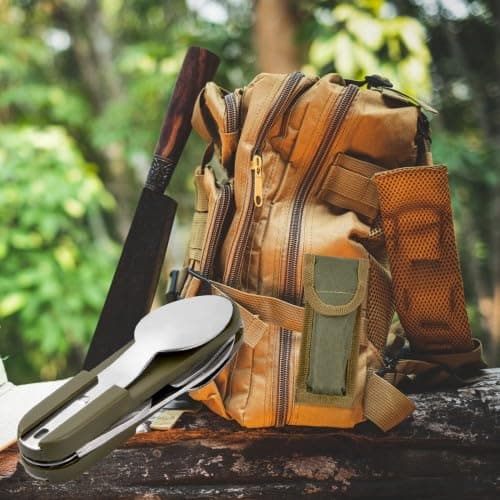 Dokeno 2 Pièces Vaisselle Pliante en Acier Inoxydable, Couverts de Camping Portable avec Sac Oxford, Couvert Multifonction Camping pour la Randonnée en Plein Air, Pique-Nique, Voyage