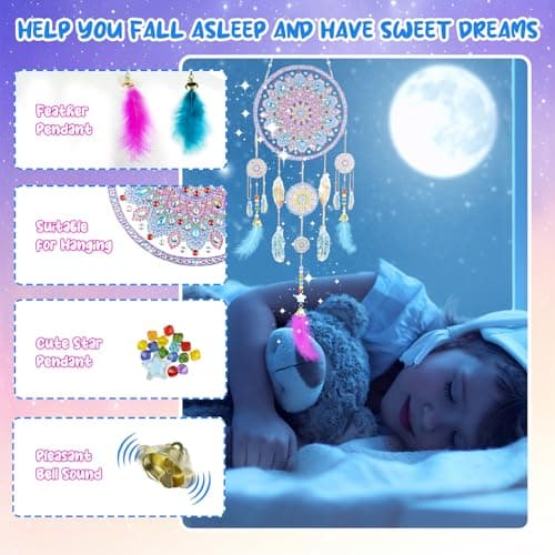Ulikey Kit Diamond Painting Enfant, Kit de Bricolage Dreamcatcher, Bricolage Enfant, Pendentif et Cloche avec Plume, Capteur de Rêves, Activité Détente et Créative Enfants à Partir de 5 Ans (Style 2)
