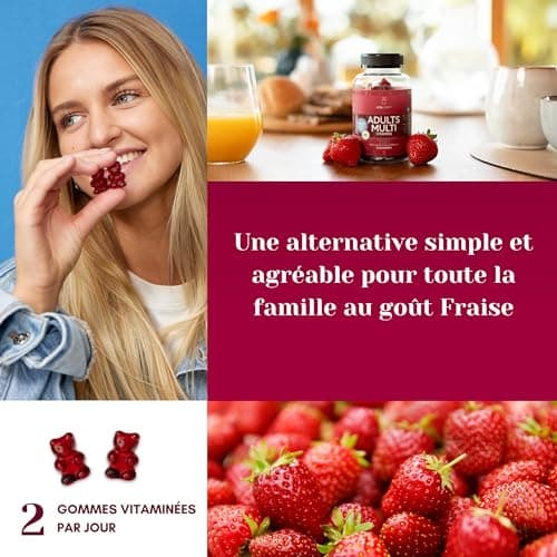 Gommes vitaminées Multivitaminés VitaYummy au Goût Fraise pour Adultes - Oursons Gélifiés Végétaliens en Supplément Alimentaire -Vitamine A,C,D,B12 et Zinc, Soutient le Système Immunitaire, 60 bonbons