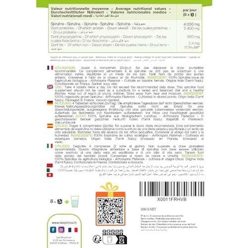Spiruline Bio - Bioptimal - Complément alimentaire - BCAA Fer Vitamine A - 65% de Protéine - 17% de Phycocyanine - 500 mg/comprimé - Conditionnée en France - Certification Ecocert - 600 comprimés