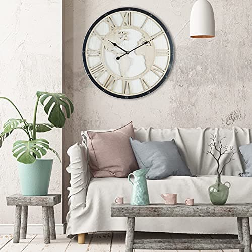 Rebecca Mobili Grande Horloge Murale, Horloge Monde Rétro, Noir Blanc Shabby, Chiffres Romains - Mesures : 50 x 50 x 5 cm (H x L x P) - Art. RE6594