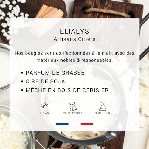 ELIALYS Bougie Parfumée Artisanale au Parfum de Grasse, VERVEINE, Mèche en Bois Crépitante - PACIFIQUE, 350g, ±70 heures de combustion, Fabriquée en France - Parfum Intense & Longue durée