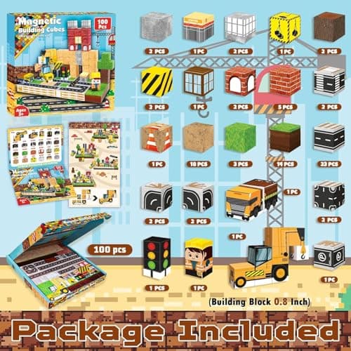 Construction magnetique enfant avec accessoires routiers bloc de construction magnétique avec véhicules de chantier pour enfants à partir de 5, 6, 7 ans engins de chantier jouet voiture enfant 5 6 7 a