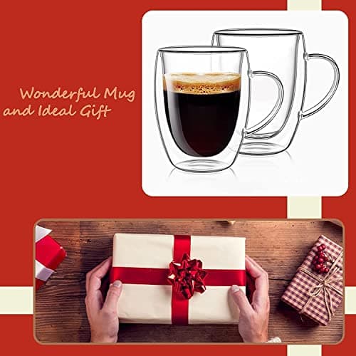 Buumin Lot de 4 Tasses en Verre à Cappuccino, 350ml Verres Double Paroi, Tasses à Café en Verre Isolées avec Poignée, Verres Transparent pour Latte, Thé, Jus, Lait, Boissons Chaudes Froides(4x350ml)