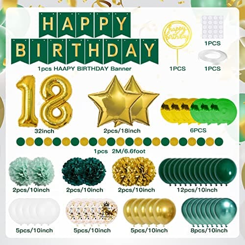 Décoration Anniversaire 18 Ans Vert Or - Ballons, Bannière Joyeux Anniversaire - Déco Fête pour Fille Homme