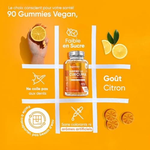 Curcuma gummies 2100mg, 90 Gummies Vegan (3 Mois) - Goût Citron - 95% de Curcuminoïdes - Faible en Sucre - Curcuma Gingembre Poivre Noir - Alternative au Curcuma en Gélules - Forte Absorption
