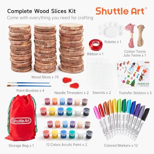 Shuttle Art Kit Rondin de Bois Deco, 70 Pièces Tranches de Bois Naturel 7-8cm, Cercles en Bois Inachevé Pré-percé avec Trou et Accessoires, Craft Wood Kit pour Decoration Noël