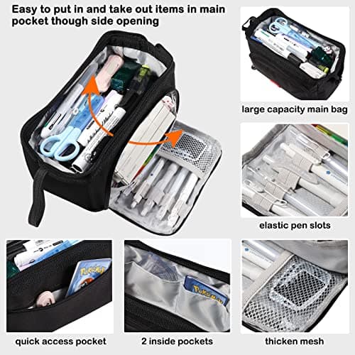 Diboniur Trousse à Crayons Scolaire Enfant, Grande Capacité avec 3 Compartiments, Papeterie Aesthetic Fourniture Scolaire Trousse Organisateur (Noir)