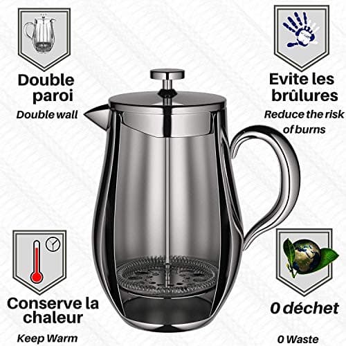 VeoHome - Cafetière à Piston 1 Litre - Incassable et Garde Le café Chaud Longtemps grâce à sa Double Coque INOX...