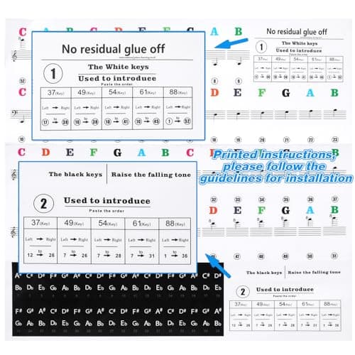 Amabro Autocollants imperméables pour clavier de piano de 37/49/54/61/88 touches - Lettres transparentes amovibles - Étiquettes réutilisables pour débutants (multicolore)