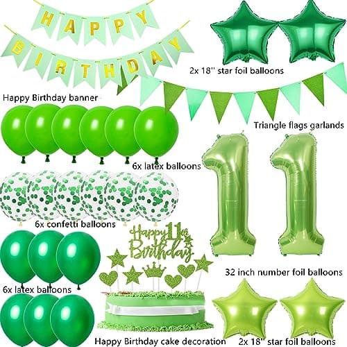 Ballons 11 ans anniversaire vert décoration, ballon 11 ans anniversaire garçon Decoration vert gâteau 11 ans garçon déco anniversaire 11 anniversaire garçon fille déco vert 11 ans garçon ballons
