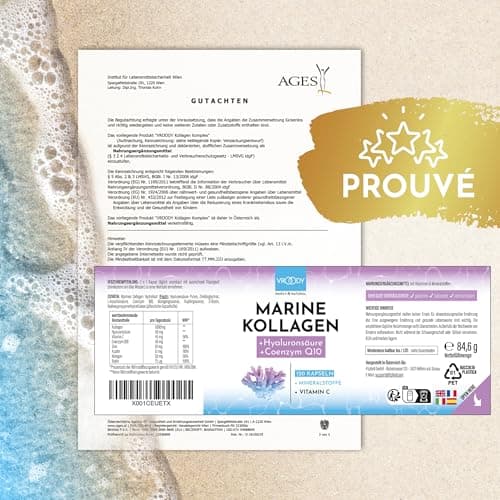 Premium Collagène Marin Complex 1000mg hautement dosé + Acide Hyaluronique - 120 Caps + Coenzyme Q10, Zinc, Cuivre, Manganèse, Vitamines C, Biotine - Sans additifs, Fabriqué en Autriche par VROODY