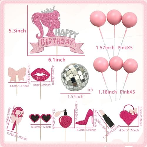 JeVenis birthday décoration de gâteau d'anniversaire de fille rose vif décoration d'anniversaire de fille rose boules roses feuilles de palmier talons lipstick sacs cake topper