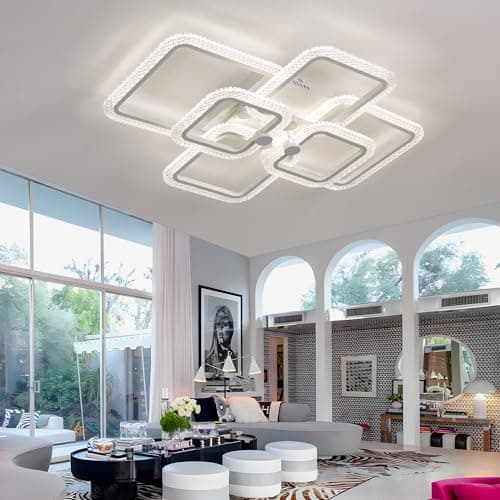 HIHIHOMY Plafonnier Moderne Lampe De Plafond, Avec 6 Cadres Carrés En Cristal En Acrylique, Intensité Variable Avec Télécommande, 3000 K-6500 K, Luminaire Plafonnier Led Metal Encastré Pour Cuisine
