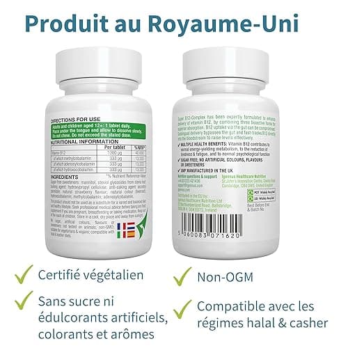 Vitamine B12 1000 mcg Sublinguale avec Adénosylcobalamine et Méthycobalamine, Haute Absorption, Sans Sucre, Arôme Naturel de Fraise & Vegan, 180 Petits Comprimés – par Igennus