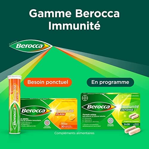 Berocca® Immunité Flash - Soutient le système immunitaire - Formule concentrée - Vitamines & minéraux - Vitamine C, D - Zinc -Sélénium - Fer - Complément alimentaire - 2X30 cp effervescents
