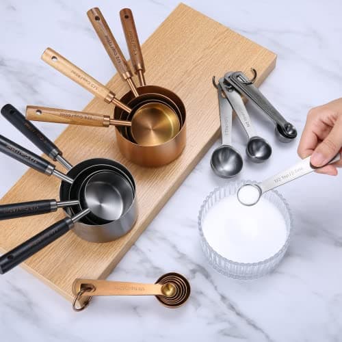 Home Bay Measuring Cups and cuillers Set,10 pièces avec manche en bois, revêtement de titane acier inoxydable, Or Rose (Couleur or rose)