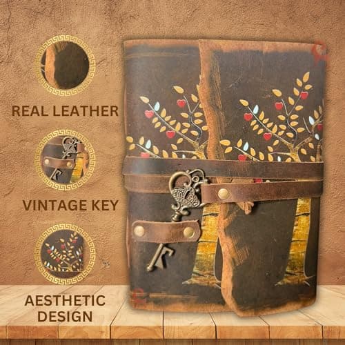 Urban Leather Journal intime avec motif arbre de vie, feuilles de cœur, pages rustiques, anciennes et anciennes, couverture en cuir, journal intime imprimé, papier vierge vierge