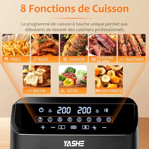 YASHE Dual Zone Air Fryer, 9L Friteuse Sans Huile avec 2 Tiroirs, 8-en-1 Programmes de Cuisson Écran Tactile Friteuse Air Fryer, Fonctions Match Cook & Smart Finish Friteuse Air Chaud