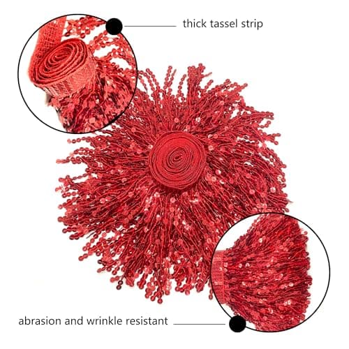 OHYER 3 mètres de long (x 16cm de large) Ruban à franges Paillettes pour costume Franges Garniture Dentelle Jupes paillettes or Jupes de Franges Danse du Ventre à Franges Accessoires rouge BRICOLAGE