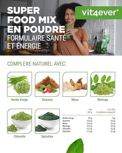 Combinaison de super aliments - 420 g de poudre (shake) avec herbe d'orge, guarana, maca, chlorella, spiruline, moringa - Power smoothie 100% naturel - Avec arôme citron - Vegan